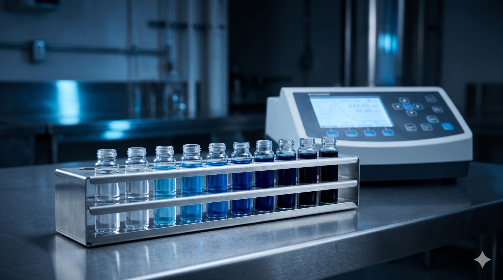 Kuvars Chem laboratory chemical analysis with calibrated reagent vials