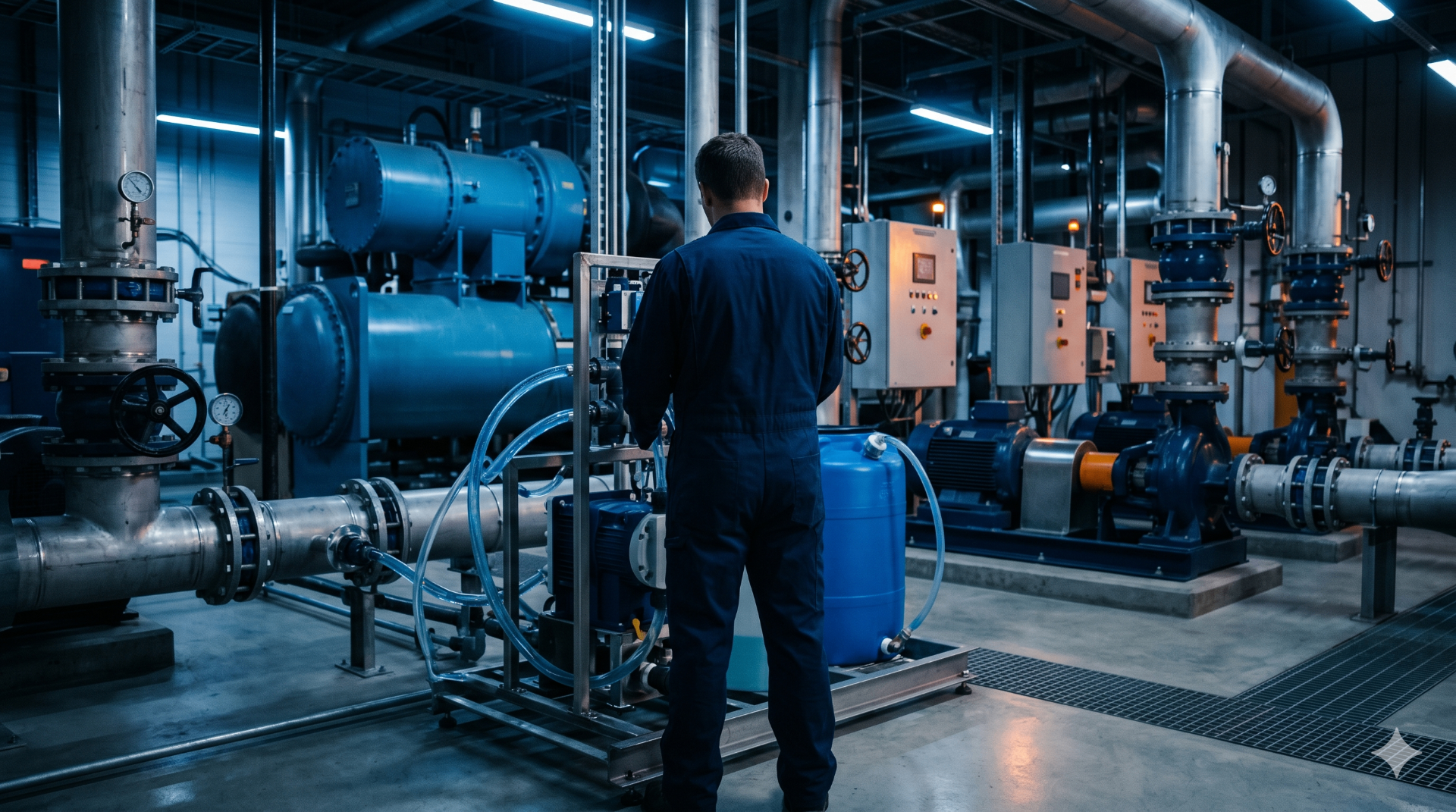 Kuvars Chem technician applying water treatment chemistry in a mechanical room